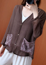 Load image into Gallery viewer, Art Chocolate V Neck Patchwork Pockets Linen Shirt Tops Spring