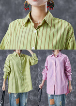 Load image into Gallery viewer, Art Grass Green Oversized Striped Cotton Blouses Summer