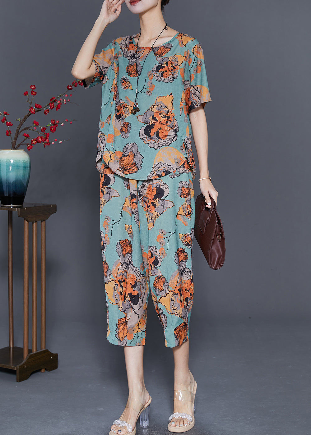 Art Green Butterfly Print Linen Two Piece Set Women Clothing Summer