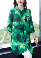 Load image into Gallery viewer, Art Green Button Peter Pan Collar Print Long Chiffon Blouse Tops Half Sleeve