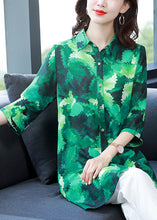 Load image into Gallery viewer, Art Green Button Peter Pan Collar Print Long Chiffon Blouse Tops Half Sleeve