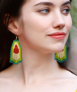 Art Green Handmade Beading Tassel Avocado Drop Earrings