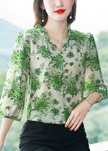 Load image into Gallery viewer, Art Green Ruffled Patchwork Print Chiffon Shirt Top Summer