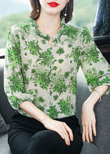 Load image into Gallery viewer, Art Green Ruffled Patchwork Print Chiffon Shirt Top Summer