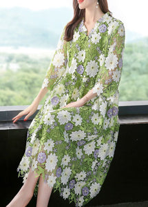 Art Green V Neck Floral Embroideried Lace Dress Half Sleeve