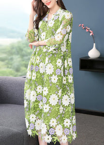 Art Green V Neck Floral Embroideried Lace Dress Half Sleeve