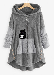 Art Grey Hooded Print Zippered Patchwork Teddy Faux Fur Coats Fall