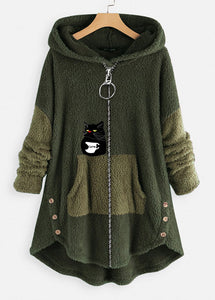 Art Grey Hooded Print Zippered Patchwork Teddy Faux Fur Coats Fall