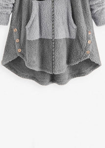 Art Grey Hooded Print Zippered Patchwork Teddy Faux Fur Coats Fall