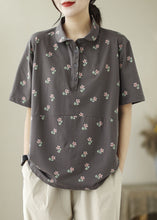 Load image into Gallery viewer, Art Grey Peter Pan Collar Print Patchwork Cotton T Shirts Summer