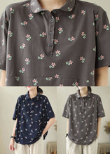 Load image into Gallery viewer, Art Grey Peter Pan Collar Print Patchwork Cotton T Shirts Summer