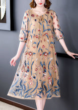 Load image into Gallery viewer, Art Khaki O-Neck Embroideried Tulle A Line Dress Summer