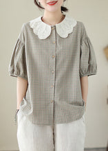 Load image into Gallery viewer, Art Khaki Peter Pan Collar Plaid Cotton Blouses Summer