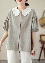 Load image into Gallery viewer, Art Khaki Peter Pan Collar Plaid Cotton Blouses Summer