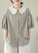 Load image into Gallery viewer, Art Khaki Peter Pan Collar Plaid Cotton Blouses Summer