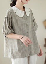 Load image into Gallery viewer, Art Khaki Peter Pan Collar Plaid Cotton Blouses Summer