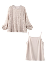 Load image into Gallery viewer, Art Light Coffee O-Neck Embroideried Chiffon Top And Slip Two Piece Set Long Sleeve