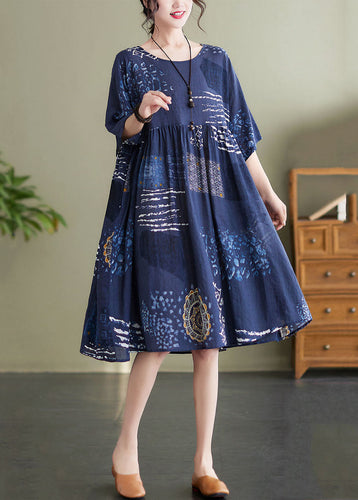 Art Navy O Neck Print Wrinkled Patchwork Cotton Mid Dresses Summer