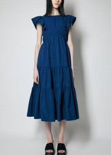 Load image into Gallery viewer, Art Navy Slim Fit Patchwork Wrinkled Cotton Long Dress Petal Sleeve