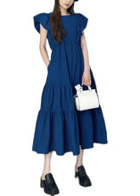 Load image into Gallery viewer, Art Navy Slim Fit Patchwork Wrinkled Cotton Long Dress Petal Sleeve