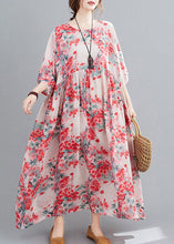 Load image into Gallery viewer, Art O-Neck Pink Print Wrinkled Linen Long Dresses Three Quarter Sleeve