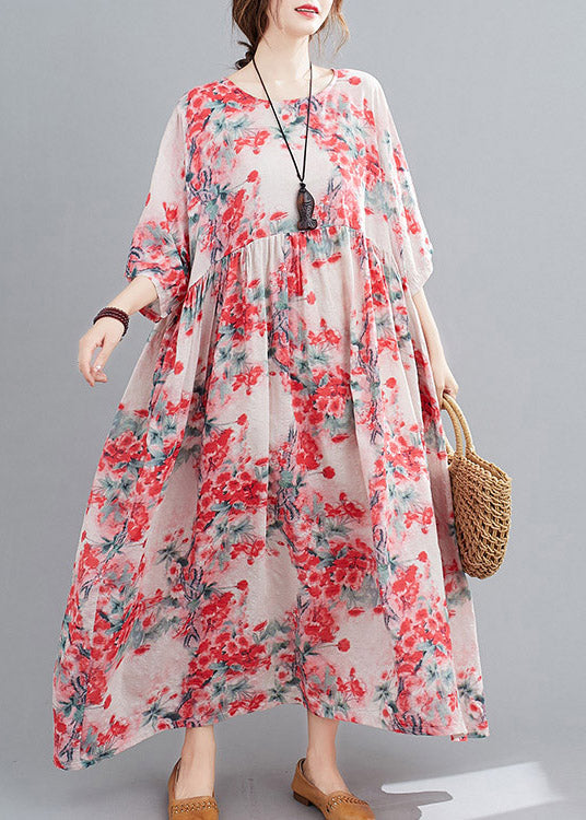 Art O-Neck Pink Print Wrinkled Linen Long Dresses Three Quarter Sleeve