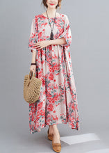 Load image into Gallery viewer, Art O-Neck Pink Print Wrinkled Linen Long Dresses Three Quarter Sleeve