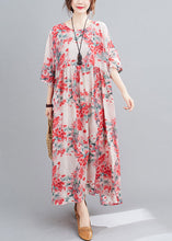 Load image into Gallery viewer, Art O-Neck Pink Print Wrinkled Linen Long Dresses Three Quarter Sleeve