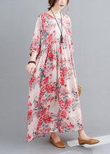 Load image into Gallery viewer, Art O-Neck Pink Print Wrinkled Linen Long Dresses Three Quarter Sleeve