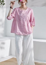 Load image into Gallery viewer, Art Pink O-Neck Embroideried Patchwork Summer Ramie Shirt Top Half Sleeve