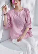 Load image into Gallery viewer, Art Pink O-Neck Embroideried Patchwork Summer Ramie Shirt Top Half Sleeve