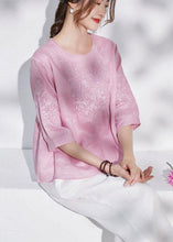 Load image into Gallery viewer, Art Pink O-Neck Embroideried Patchwork Summer Ramie Shirt Top Half Sleeve