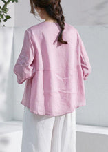 Load image into Gallery viewer, Art Pink O-Neck Embroideried Patchwork Summer Ramie Shirt Top Half Sleeve