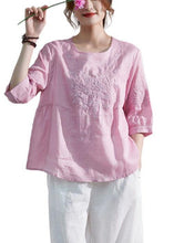 Load image into Gallery viewer, Art Pink O-Neck Embroideried Patchwork Summer Ramie Shirt Top Half Sleeve