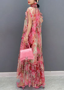 Art Pink Ruffled Print Patchwork Chiffon Two Piece Set Dresses Summer