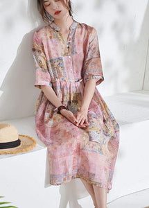 Art Pink Tie Waist Button Print Summer Ramie Vacation Dresses Half Sleeve