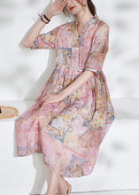 Load image into Gallery viewer, Art Pink Tie Waist Button Print Summer Ramie Vacation Dresses Half Sleeve