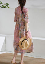 Load image into Gallery viewer, Art Pink Tie Waist Button Print Summer Ramie Vacation Dresses Half Sleeve