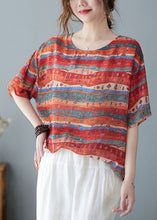 Load image into Gallery viewer, Art Red O Neck Print Patchwork Linen T Shirt Tops Short Sleeve