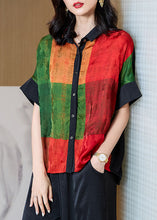 Load image into Gallery viewer, Art Red Peter Pan Collar Print Patchwork Silk Shirt Tops Summer