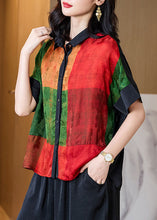 Load image into Gallery viewer, Art Red Peter Pan Collar Print Patchwork Silk Shirt Tops Summer