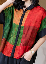 Load image into Gallery viewer, Art Red Peter Pan Collar Print Patchwork Silk Shirt Tops Summer