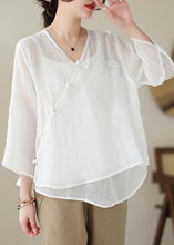 Load image into Gallery viewer, Art White Asymmetrical Embroideried Chinese Button Linen Shirt Tops Summer