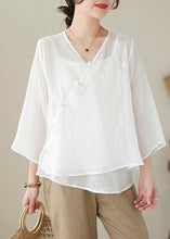 Load image into Gallery viewer, Art White Asymmetrical Embroideried Chinese Button Linen Shirt Tops Summer