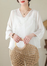 Load image into Gallery viewer, Art White Asymmetrical Embroideried Chinese Button Linen Shirt Tops Summer