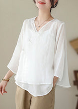 Load image into Gallery viewer, Art White Asymmetrical Embroideried Chinese Button Linen Shirt Tops Summer