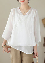 Load image into Gallery viewer, Art White Asymmetrical Embroideried Chinese Button Linen Shirt Tops Summer