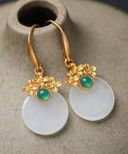 Load image into Gallery viewer, Art White Sterling Silver Overgild Inlaid Jade Floral Drop Earrings