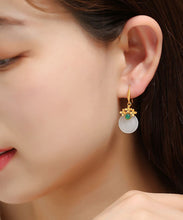 Load image into Gallery viewer, Art White Sterling Silver Overgild Inlaid Jade Floral Drop Earrings