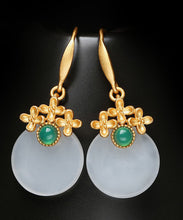 Load image into Gallery viewer, Art White Sterling Silver Overgild Inlaid Jade Floral Drop Earrings